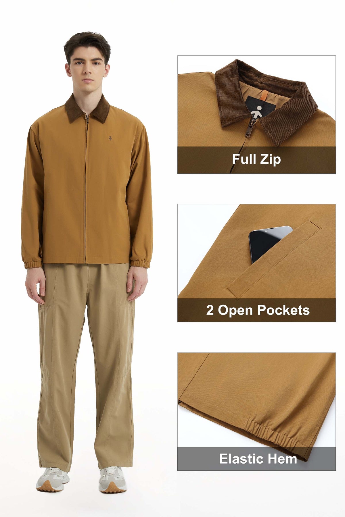Men's collared windbreaker jacket with zip front and elasticated cuffs