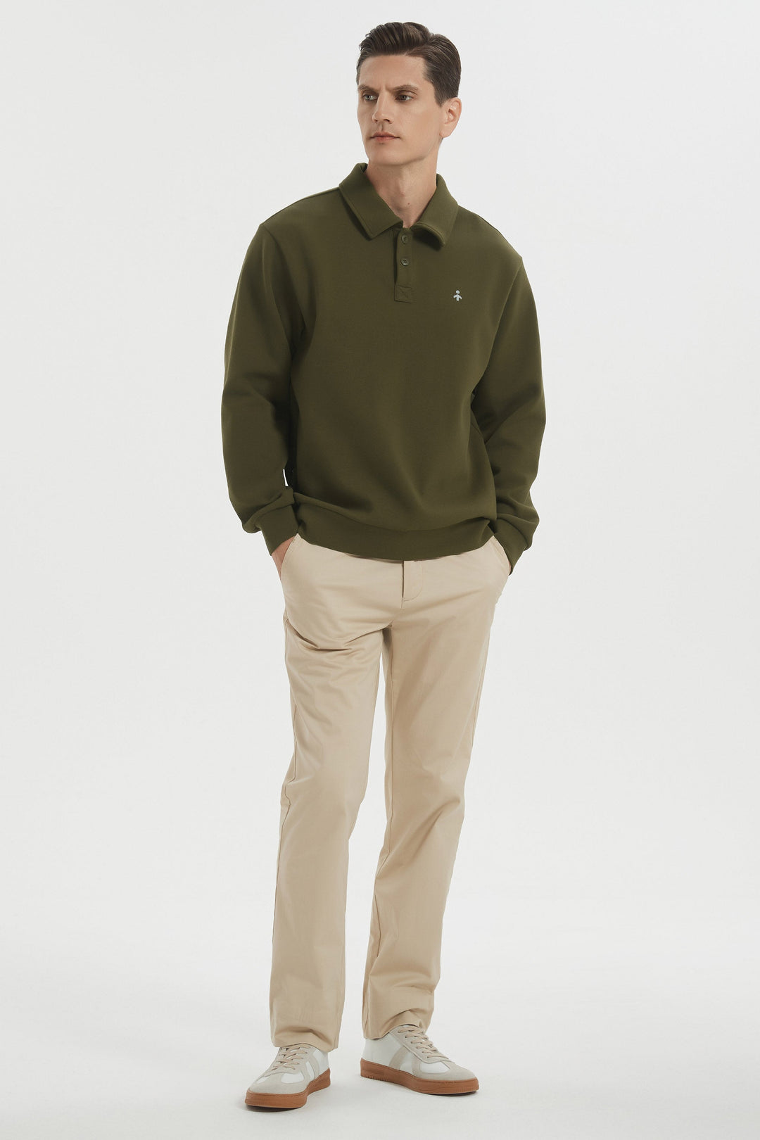 Long sleeve polo sweatshirt with a button V-neck