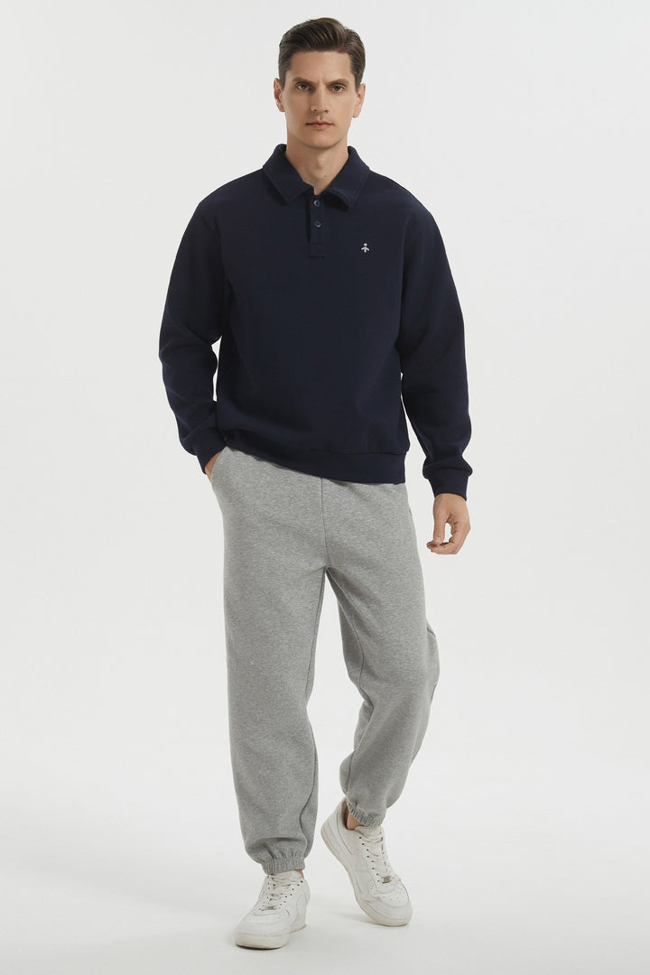 Long sleeve polo sweatshirt with a button V-neck