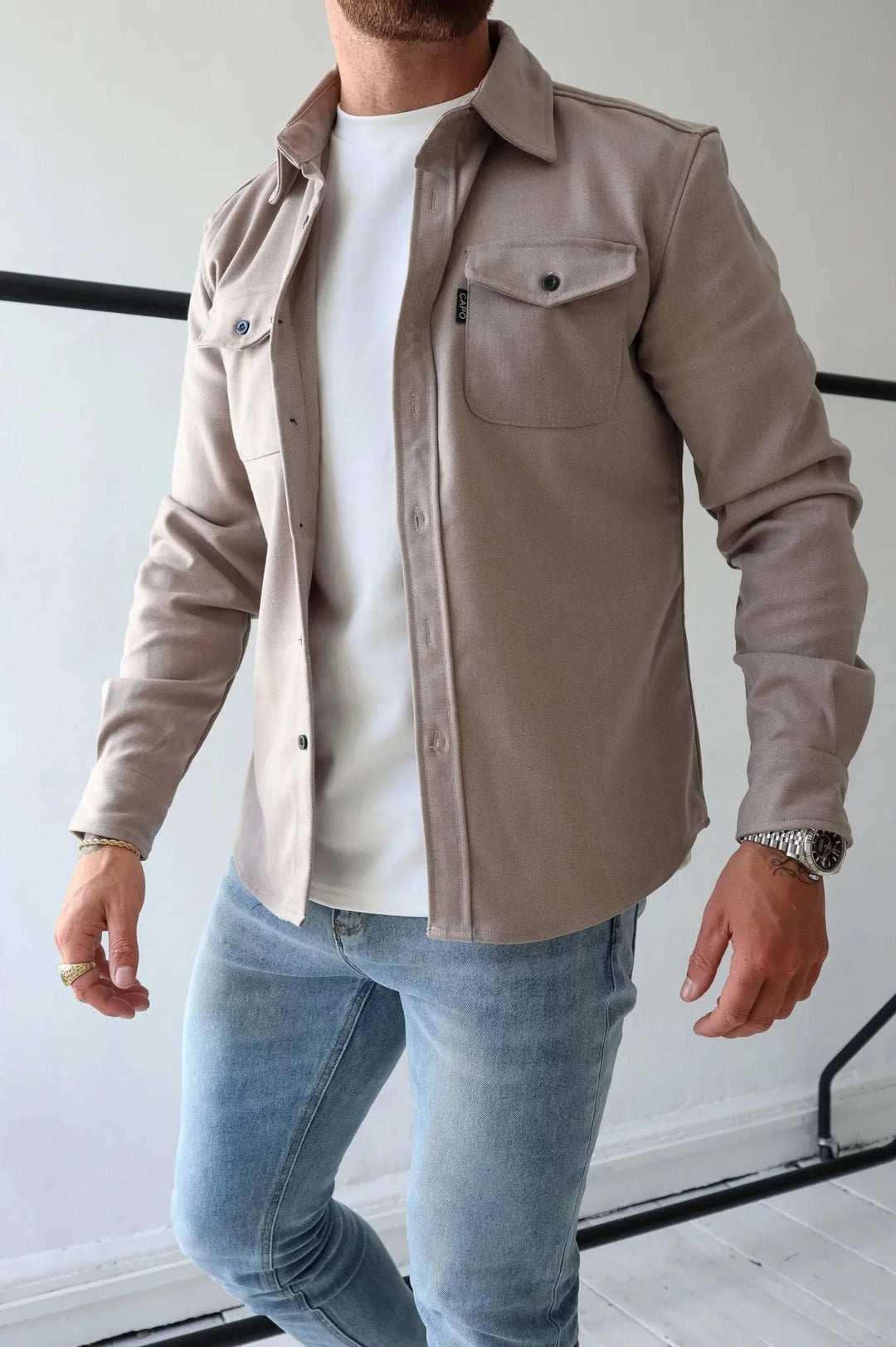 Men's long-sleeve button-up shirt jacket with two chest pockets