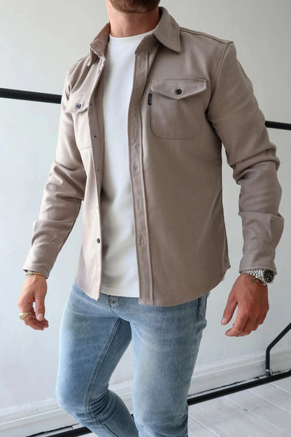Men's long-sleeve button-up shirt jacket with two chest pockets