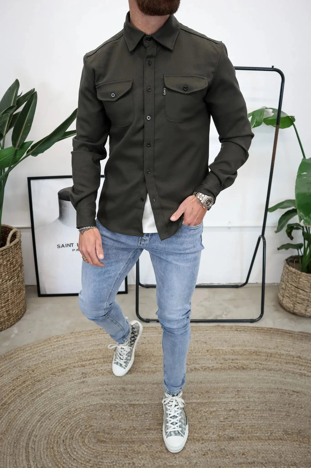 Men's long-sleeve button-up shirt jacket with two chest pockets