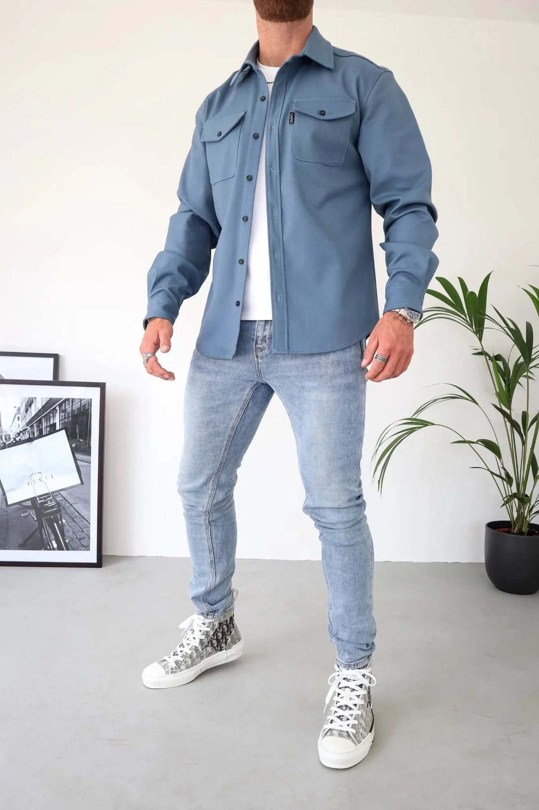 Men's long-sleeve button-up shirt jacket with two chest pockets