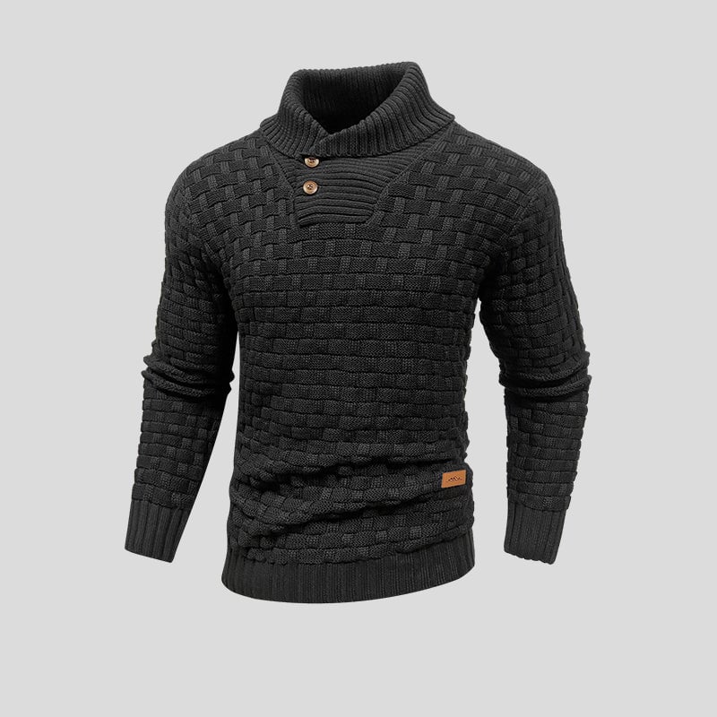 Men's textured knit jumper with high ribbed neck, buttons and long sleeves
