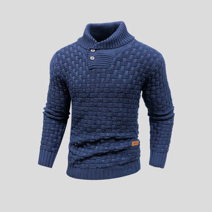 Men's textured knit jumper with high ribbed neck, buttons and long sleeves