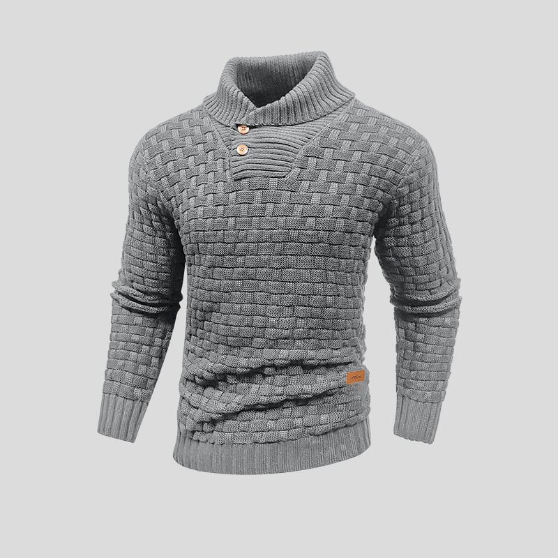 Men's textured knit jumper with high ribbed neck, buttons and long sleeves