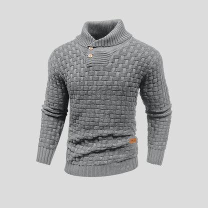 Men's textured knit jumper with high ribbed neck, buttons and long sleeves