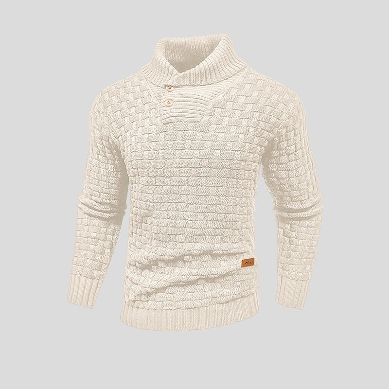 Men's textured knit jumper with high ribbed neck, buttons and long sleeves