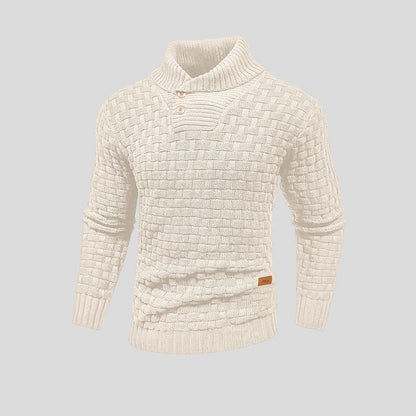 Men's textured knit jumper with high ribbed neck, buttons and long sleeves