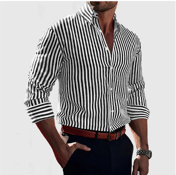 Men's Slim Fit Striped Shirt, Long Sleeve Vertical Stripe Smart Casual Button-Up Shirt