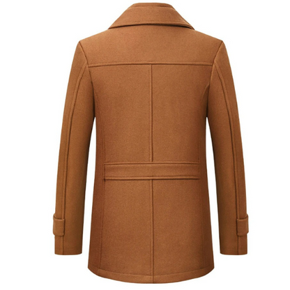 Men's structured mid-length coat with stand collar, buttons, zip and multiple pockets
