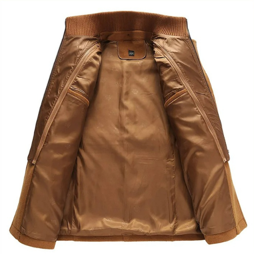 Men's structured mid-length coat with stand collar, buttons, zip and multiple pockets