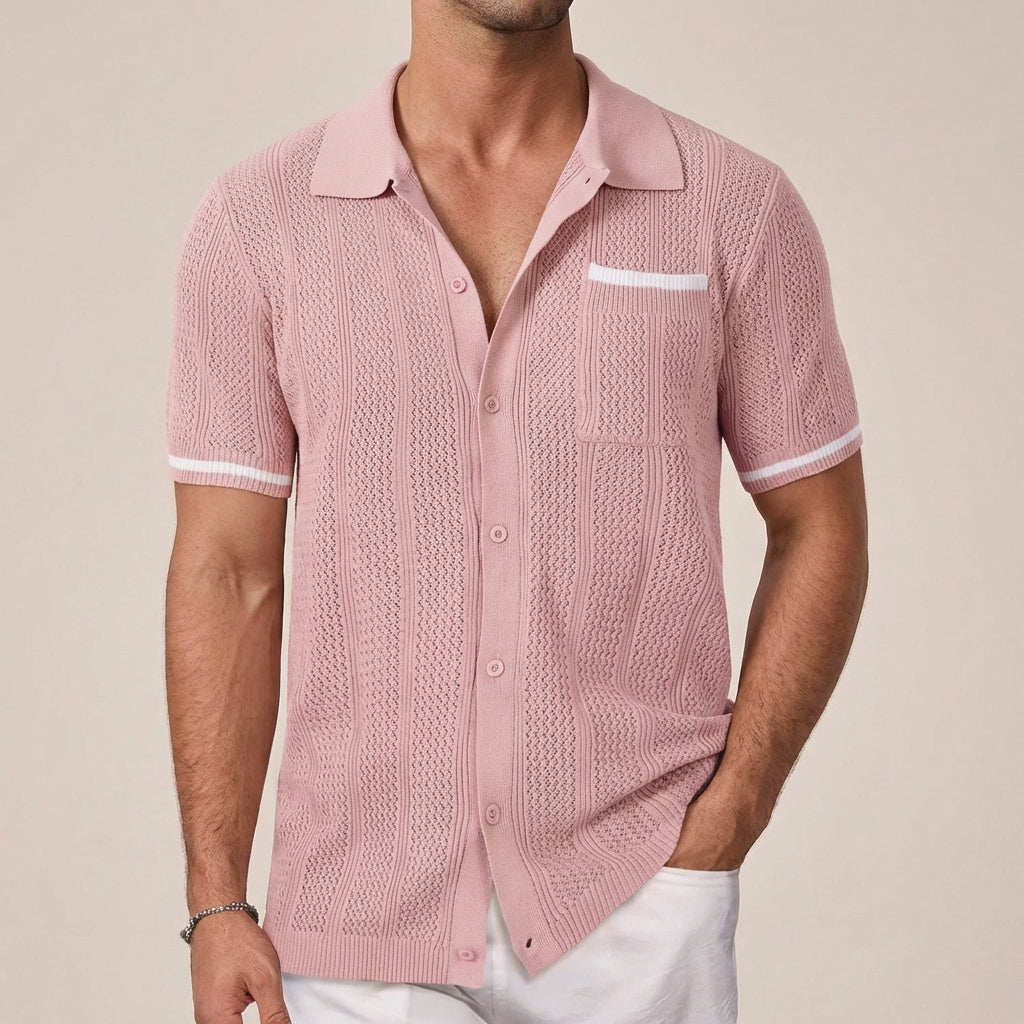 Men's Camp Collar Shirt, Openwork Knit, Contrast Stripe
