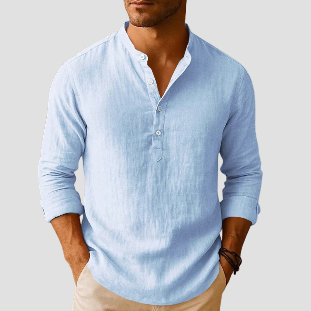 Men's long-sleeve shirt with mandarin collar and button placket