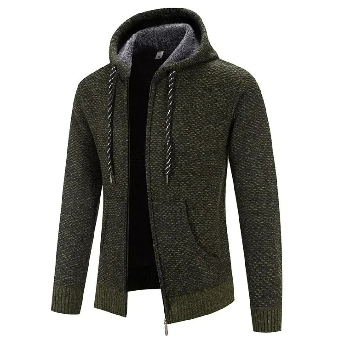 Men's textured knit hooded cardigan with full-zip front and front pockets