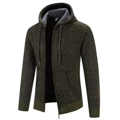 Men's textured knit hooded cardigan with full-zip front and front pockets