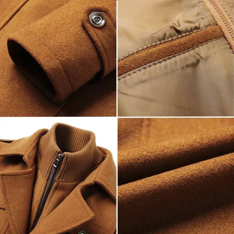 Men's structured mid-length coat with stand collar, buttons, zip and multiple pockets