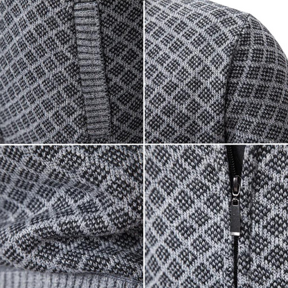 Men's geometric patterned zip-up sweater with mock neck and ribbed trims