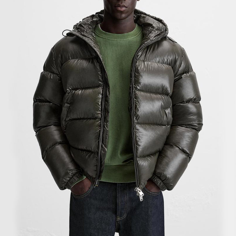 Men's hooded quilted puffer jacket with zip front and side pockets