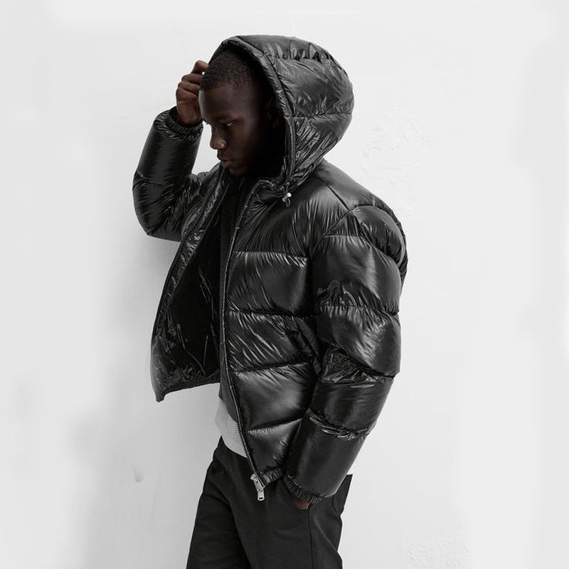 Men's hooded quilted puffer jacket with zip front and side pockets