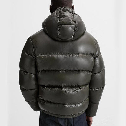 Men's hooded quilted puffer jacket with zip front and side pockets