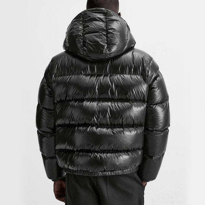 Men's hooded quilted puffer jacket with zip front and side pockets