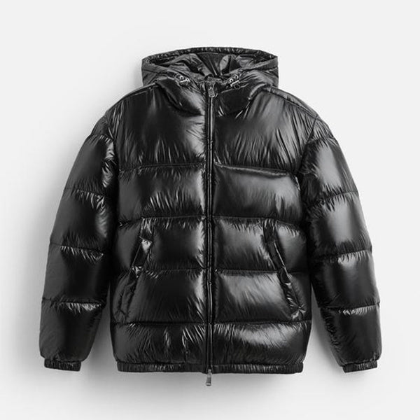 Men's hooded quilted puffer jacket with zip front and side pockets
