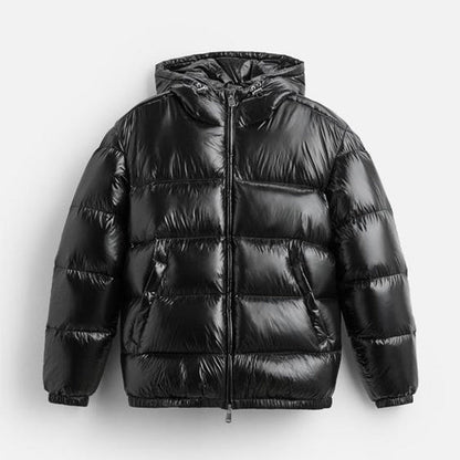 Men's hooded quilted puffer jacket with zip front and side pockets