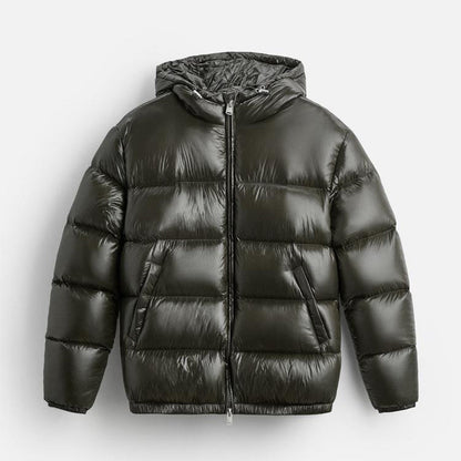 Men's hooded quilted puffer jacket with zip front and side pockets