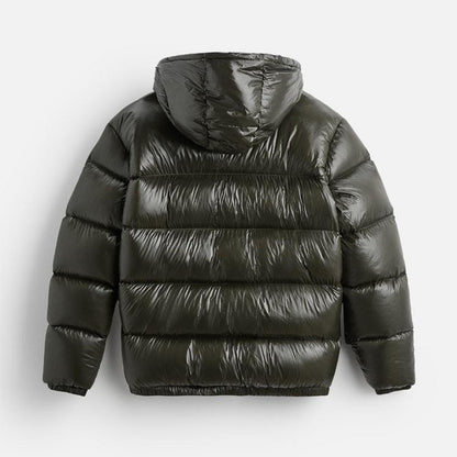 Men's hooded quilted puffer jacket with zip front and side pockets