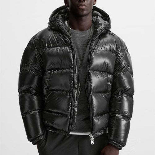 Men's hooded quilted puffer jacket with zip front and side pockets