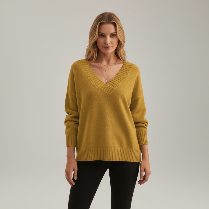Women's V-neck jumper with long sleeves and ribbed trims