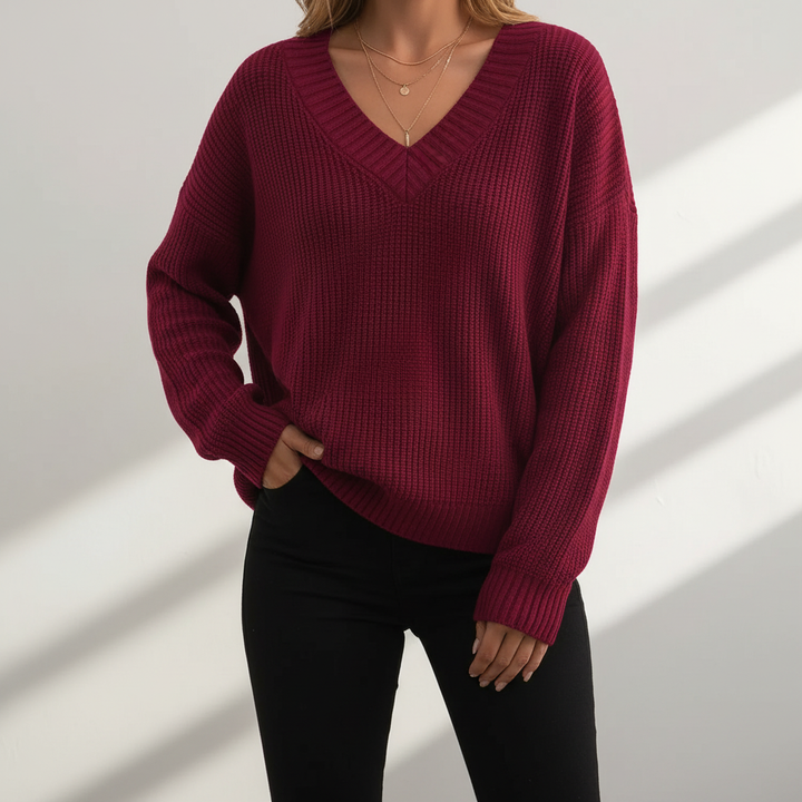 Women's V-neck jumper with long sleeves and ribbed trims