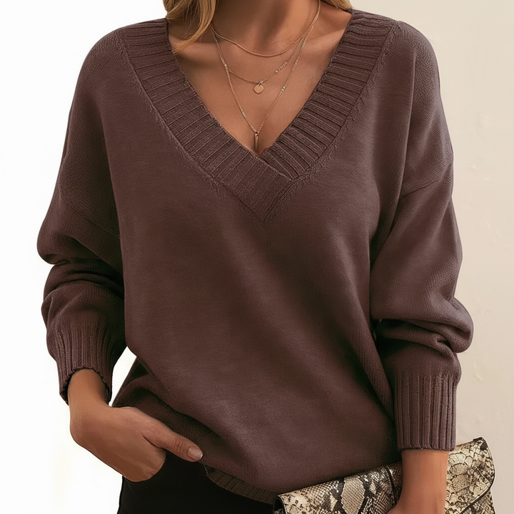 Women's V-neck jumper with long sleeves and ribbed trims