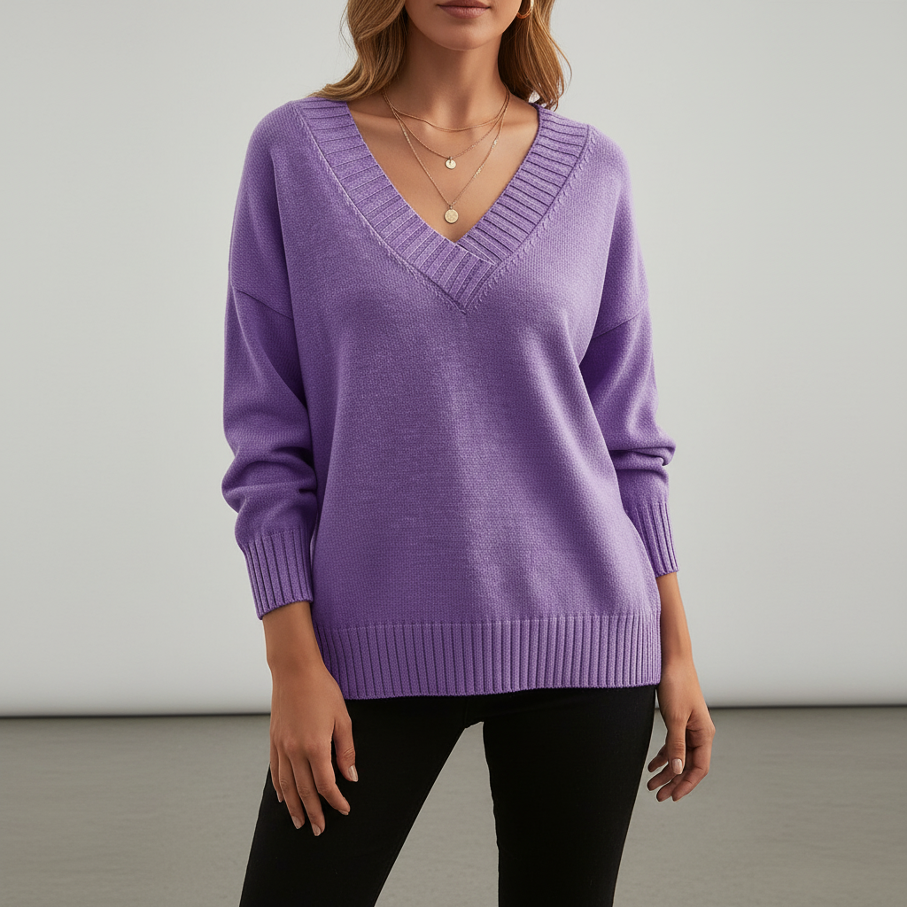 Women's V-neck jumper with long sleeves and ribbed trims
