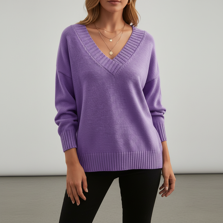 Women's V-neck jumper with long sleeves and ribbed trims