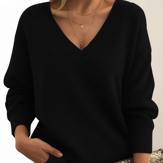 Women's V-neck jumper with long sleeves and ribbed trims