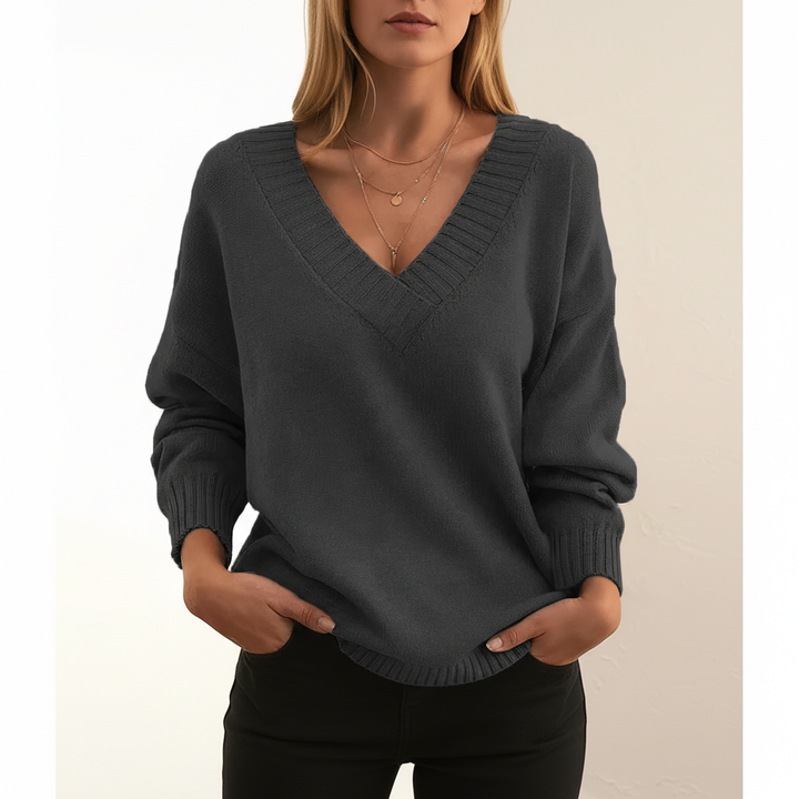 Women's V-neck jumper with long sleeves and ribbed trims