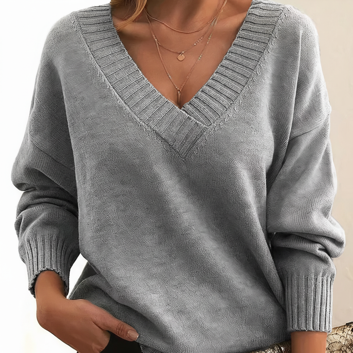 Women's V-neck jumper with long sleeves and ribbed trims