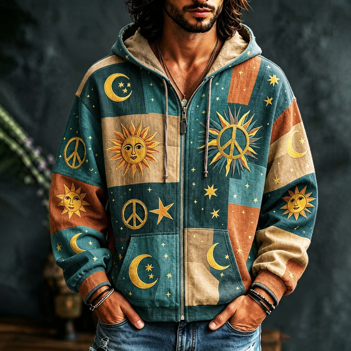 Men's multicoloured patchwork hoodie with celestial sun, moon, star and peace motifs