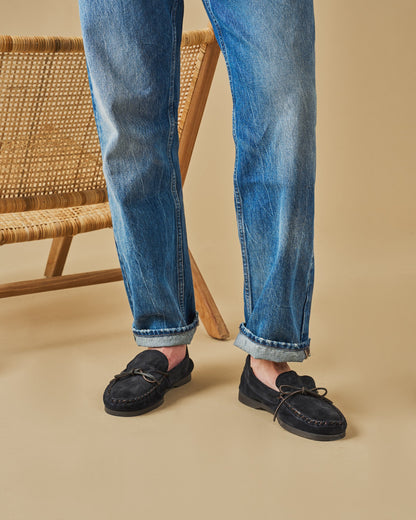 Men's navy suede moccasin loafers with lace detail and flat soles