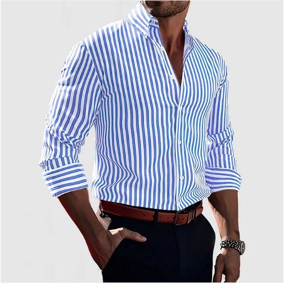 Men's Slim Fit Striped Shirt, Long Sleeve Vertical Stripe Smart Casual Button-Up Shirt