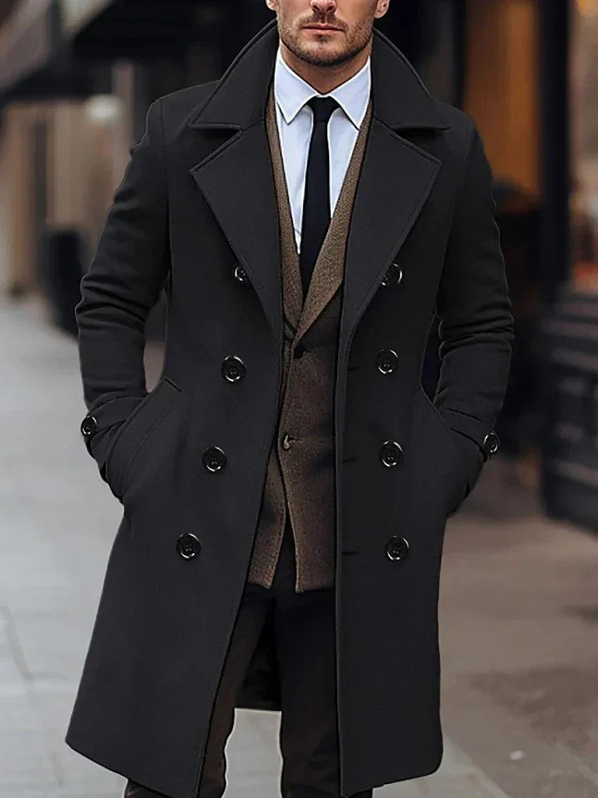 Men's long double-breasted overcoat with notched lapels and buttoned cuffs