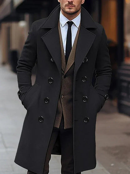 Men's long double-breasted overcoat with notched lapels and buttoned cuffs