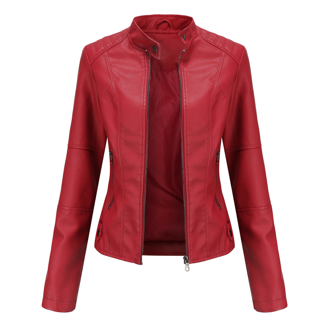 Women's tailored fitted leather jacket with zip front and stand collar