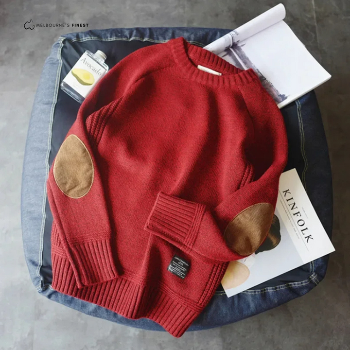 Men's crew-neck pullover jumper with ribbed trims and elbow patches