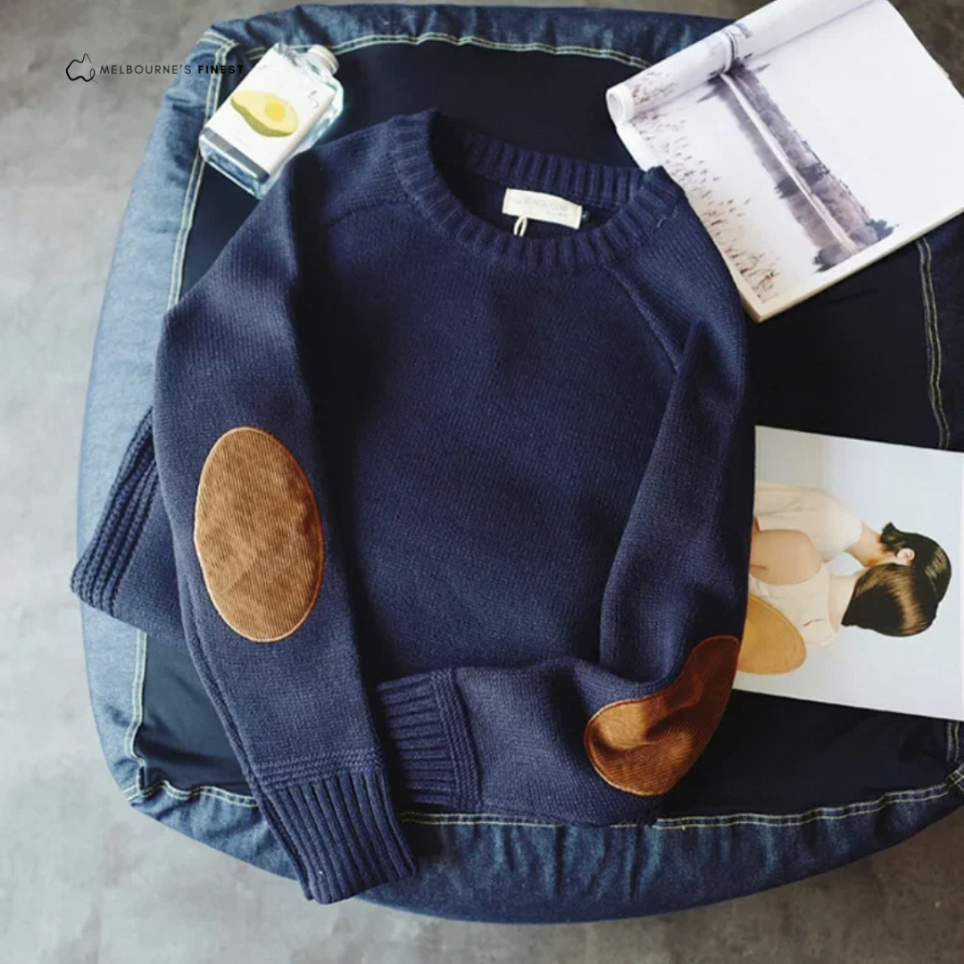 Men's crew-neck pullover jumper with ribbed trims and elbow patches