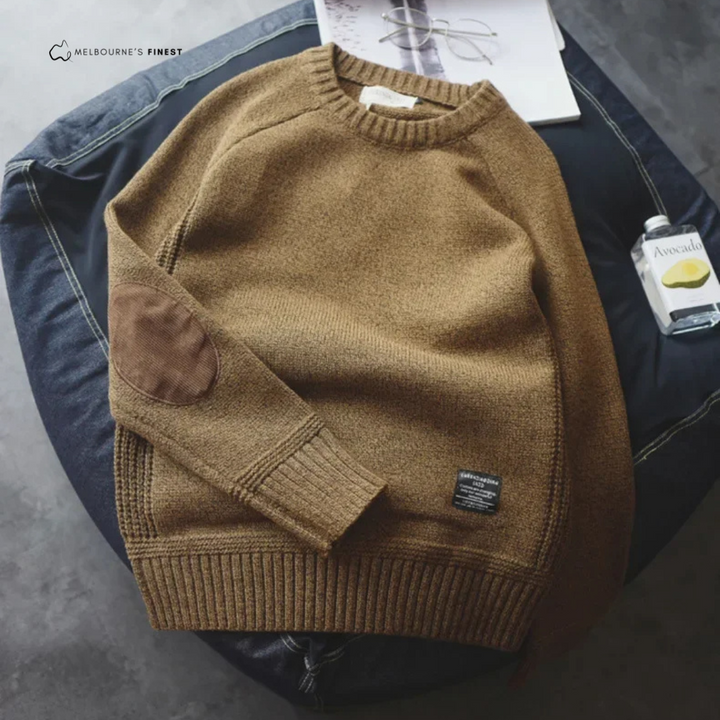 Men's crew-neck pullover jumper with ribbed trims and elbow patches