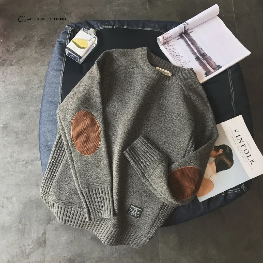 Men's crew-neck pullover jumper with ribbed trims and elbow patches