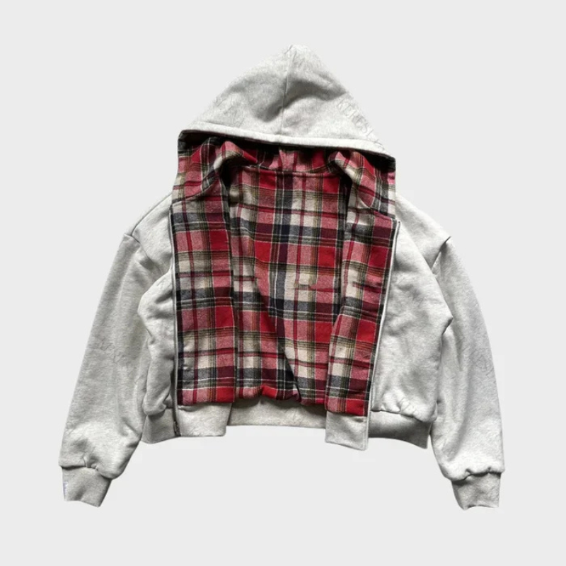Reversible oversized hooded sweatshirt with plaid inner side and zip front